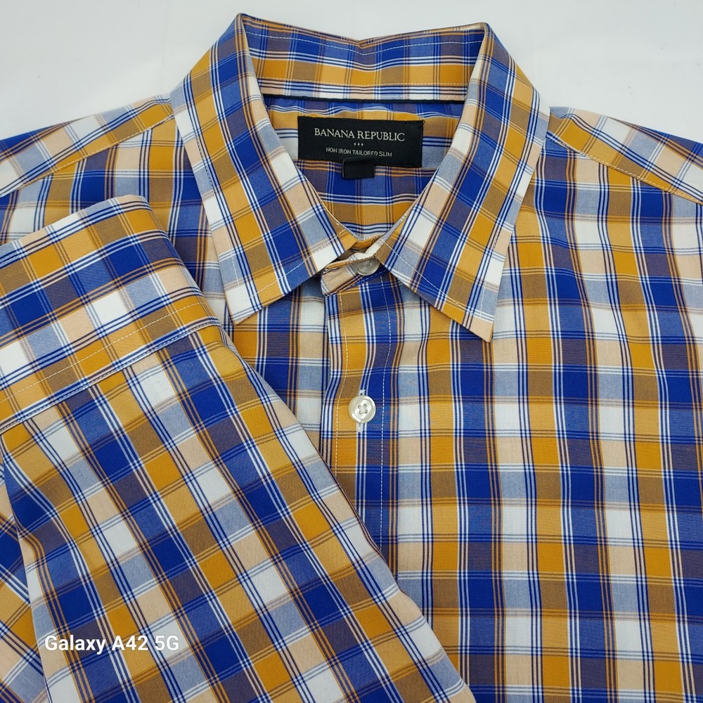 Banana Republic Mens Tailored Slim Non Iron Plaid Shirt Blue Gold S 14-14.5